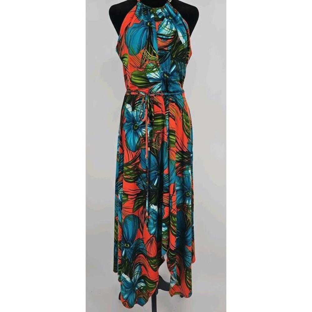 Frank Lyman Tropical Dress Sz 8 Scarf Hem Sleeveless Belted‎ Dress